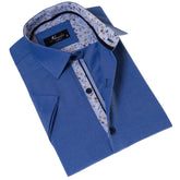 Blue Oxford inside Floral Paisley  Short Sleeve Button up Shirts - Tailored Slim Fit Cotton Dress Shirts